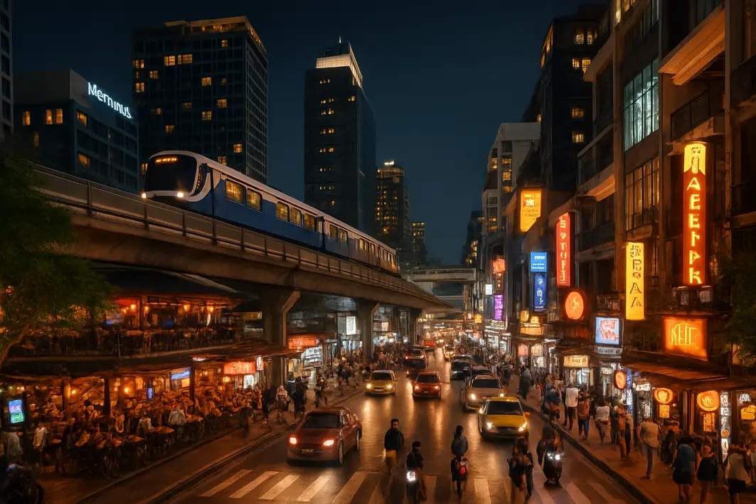 bangkok bairros sukhumvit siam transporte Rua urbana vibrante em Bangkok mostrando área de Sukhumvit com hotéis modernos, restaurantes e BTS Skytrain ao fundo, e distrito de Siam com shoppings lotados
