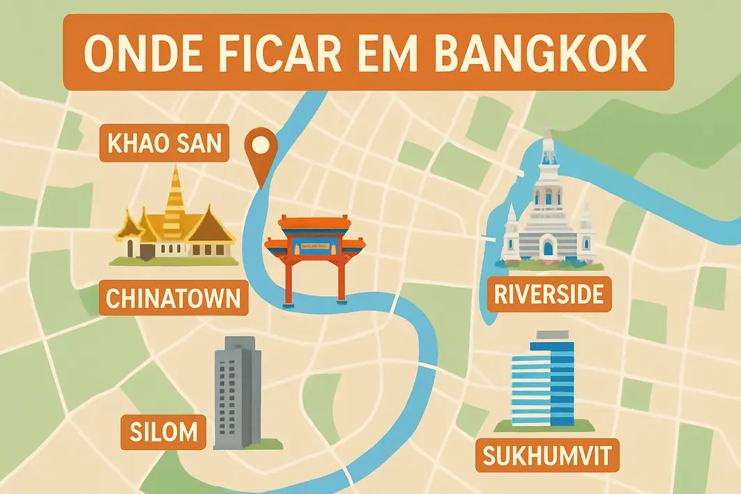 bangkok bairros sulhumvit siam transporte Rua movimentada em Bangkok mostrando a área de Sukhumvit com hotéis modernos, restaurantes ativos e estação de skytrain ao lado do distrito Siam com shoppings e cruzamentos cheios