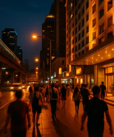 Rua de Sukhumvit à noite com hotéis e movimento urbano em Bangkok