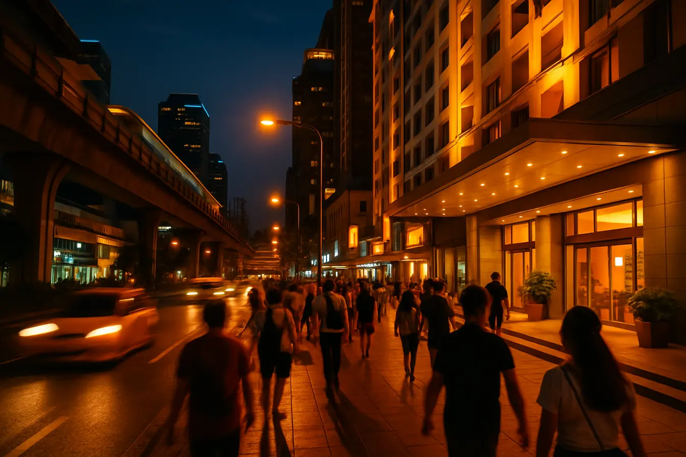 bangkok sukhumvit rua noite Rua de Sukhumvit à noite com hotéis e movimento urbano em Bangkok