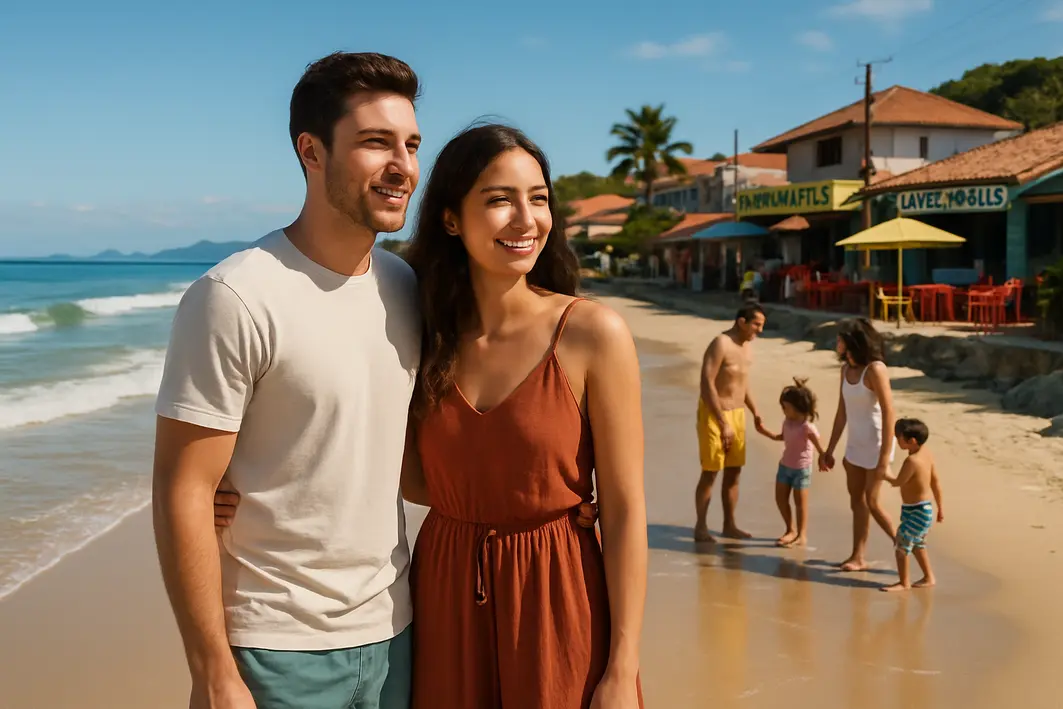 carnaval praias florianopolis casal familia Casal jovem e família aproveitam praia ensolarada de Florianópolis com céu azul e ondas suaves