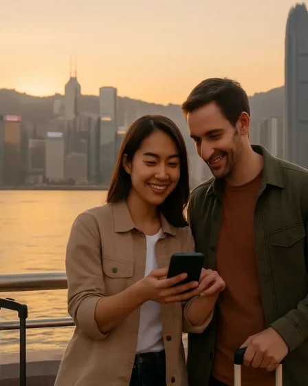casal victoria harbour hong kong Casal planejando hospedagem com vista do Victoria Harbour e skyline de Hong Kong ao pôr do sol