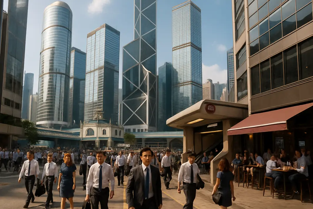 central hong kong area movimentada dia Rua movimentada em Central Hong Kong com arranha-céus modernos, pedestres em roupas formais, entrada do MTR e pier do Star Ferry ao fundo