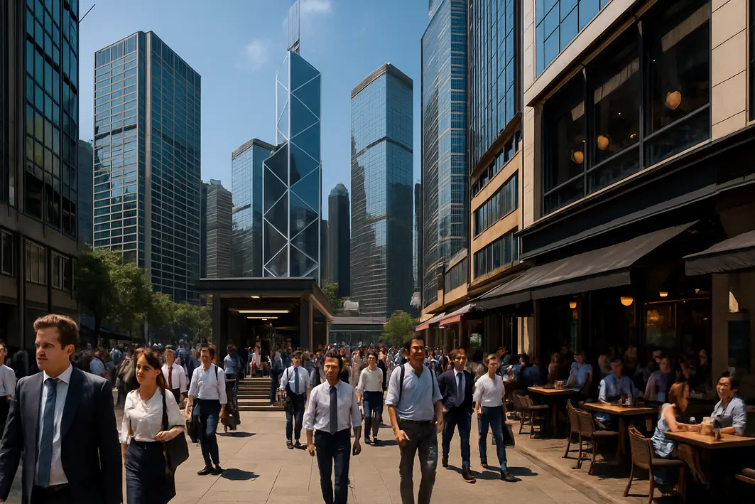 central hong kong bairro viagem Rua movimentada de dia em Central Hong Kong com arranha-céus modernos, pessoas diversas, entrada da estação MTR e restaurantes com mesas ao ar livre