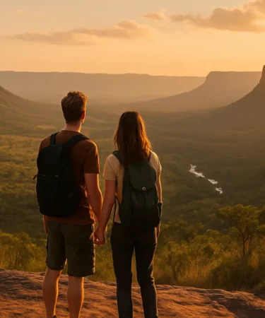 Casal em mirante vendo o vale da Chapada dos Veadeiros ao pôr do sol com cerrado e formações rochosas ao fundo
