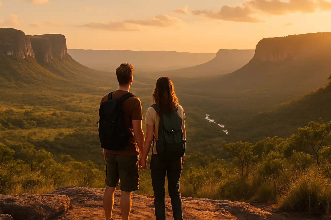 chapada dos veadeiros casal mirante Casal em mirante vendo o vale da Chapada dos Veadeiros ao pôr do sol com cerrado e formações rochosas ao fundo