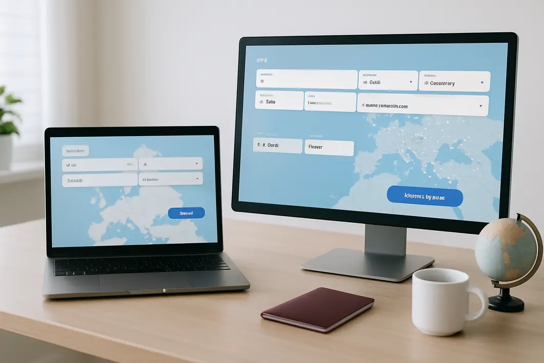 comparacao google flights skyscanner Duas telas de notebook lado a lado mostrando interfaces de busca de voos do Google Flights e Skyscanner em mesa com objetos de viagem