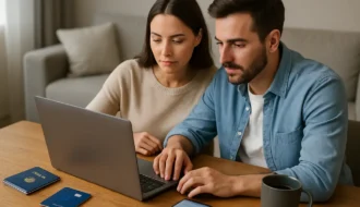 Casal planejando viagem no laptop com passaporte e smartphone comparando passagens aereas