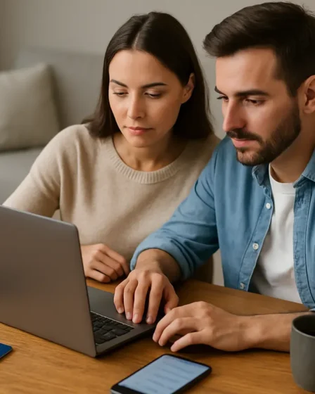 comparativo googleflights skyscanner hero Casal planejando viagem no laptop com passaporte e smartphone comparando passagens aereas