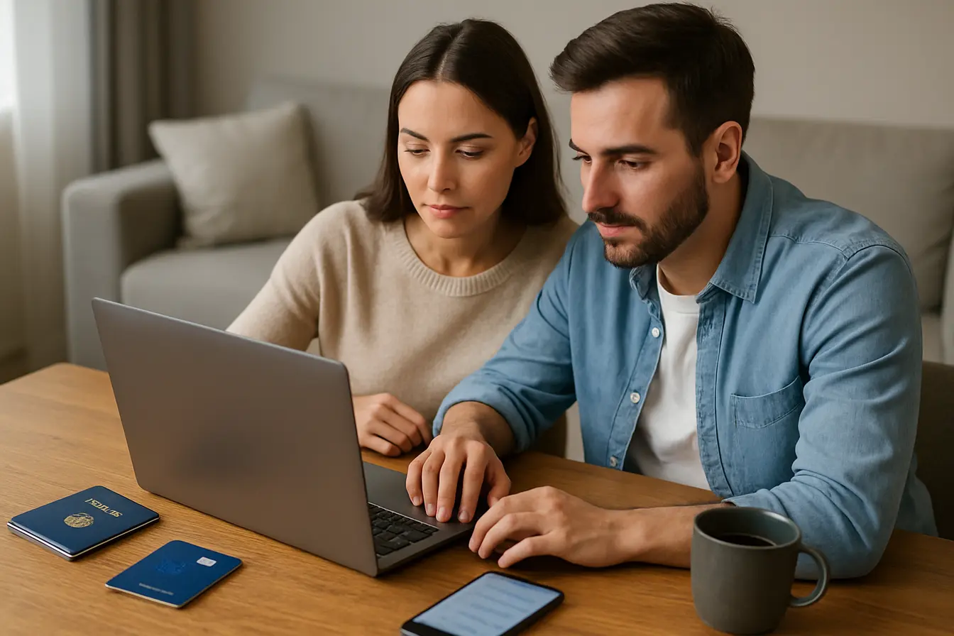 comparativo googleflights skyscanner hero Casal planejando viagem no laptop com passaporte e smartphone comparando passagens aereas