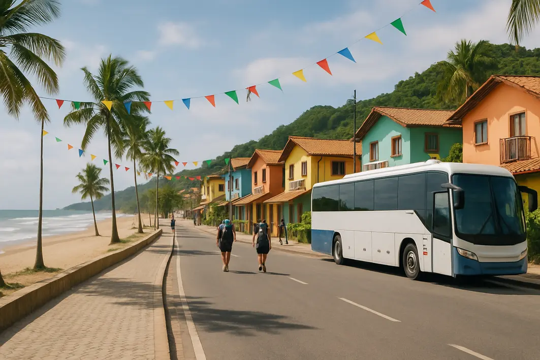 destinos baratos carnaval litoral pousadas Vista panoramica de cidade litoranea com estrada costeira, calcadão, onibus interestadual estacionado e hospedagens simples coloridas