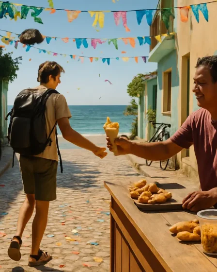 destinos baratos carnaval praia confete Rua estreita de cidade litorânea com prédios coloridos e papel picado no chão, jovem turista recebendo comida de ambulante próximo à praia
