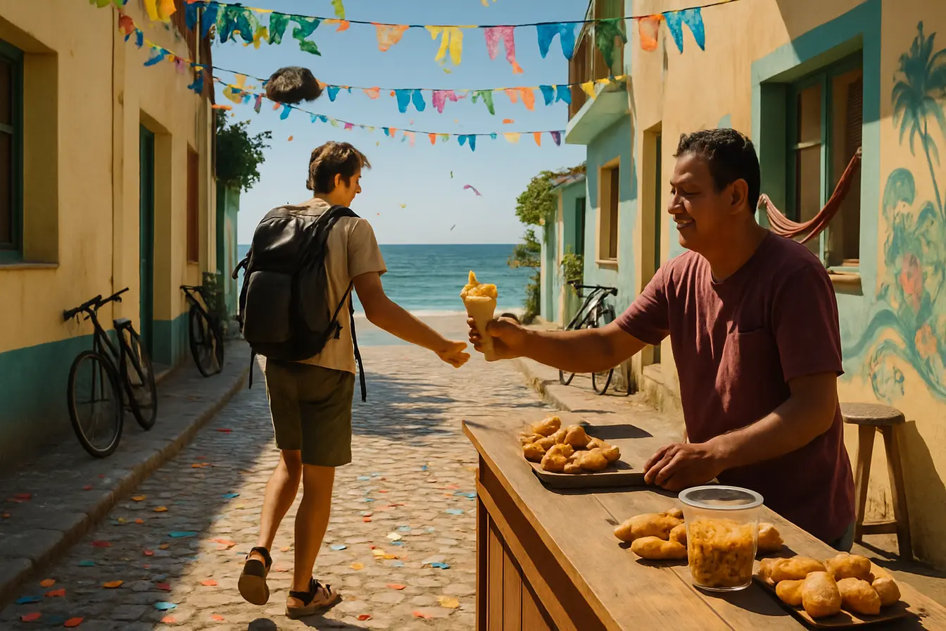 destinos baratos carnaval praia confete Rua estreita de cidade litorânea com prédios coloridos e papel picado no chão, jovem turista recebendo comida de ambulante próximo à praia