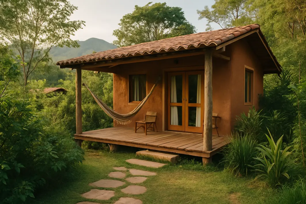 eco lodge vila de sao jorge chapada Eco lodge rústico cercado por vegetação verde na Vila de São Jorge Chapada dos Veadeiros