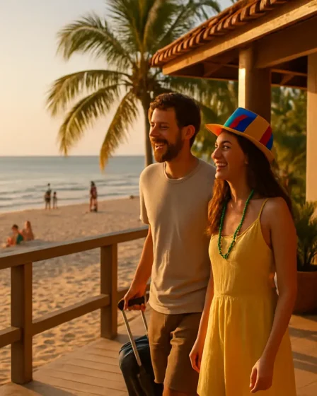 hotel pe na areia carnaval casal chegando Casal jovem chegando a hotel pé na areia ao pôr do sol com praia e mar ao fundo