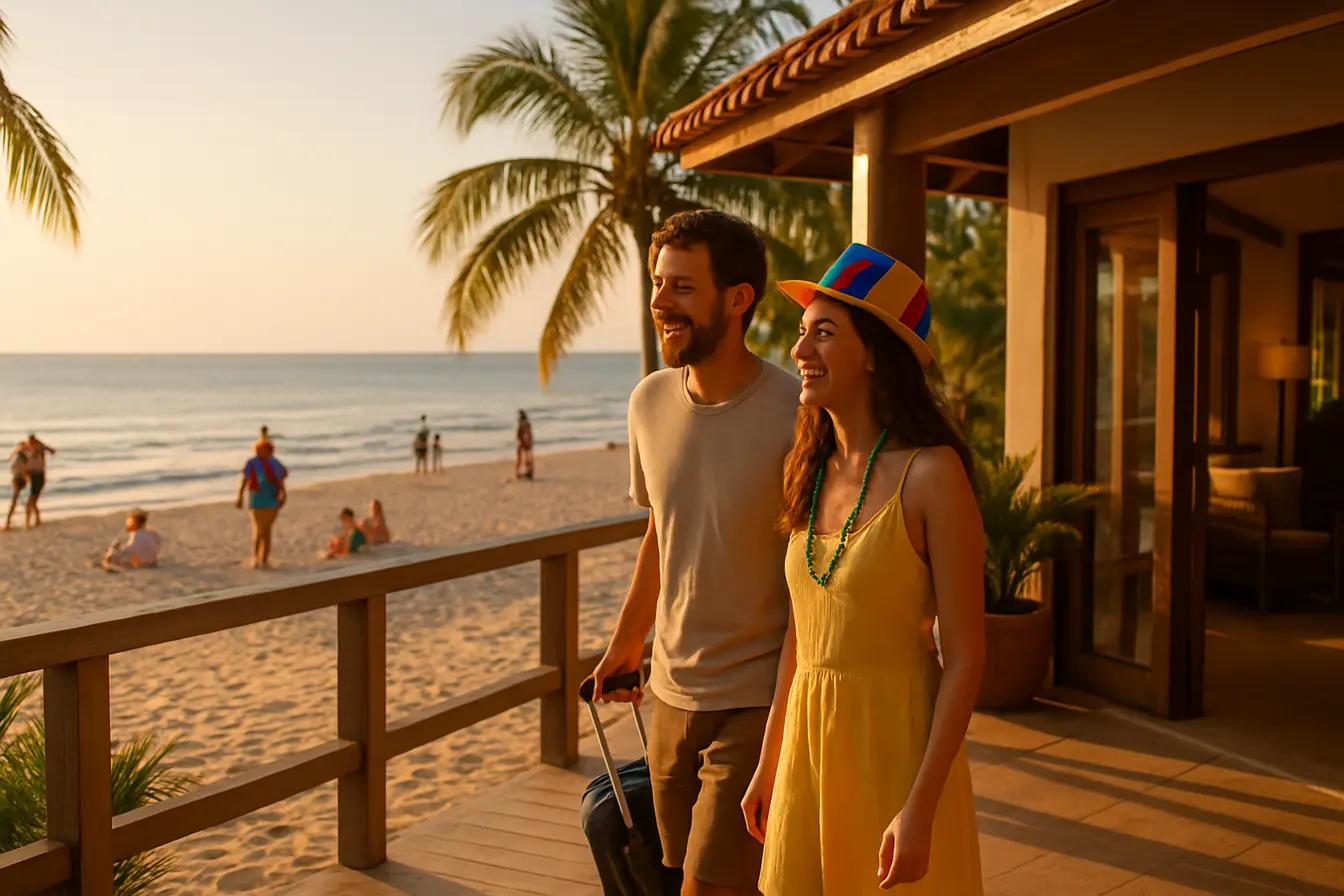 hotel pe na areia carnaval casal chegando Casal jovem chegando a hotel pé na areia ao pôr do sol com praia e mar ao fundo