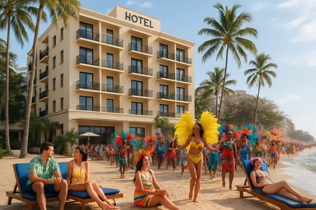 hotel pe na areia carnaval conforto seguranca Hotel pé na areia durante Carnaval com hóspedes variados aproveitando festa e praia