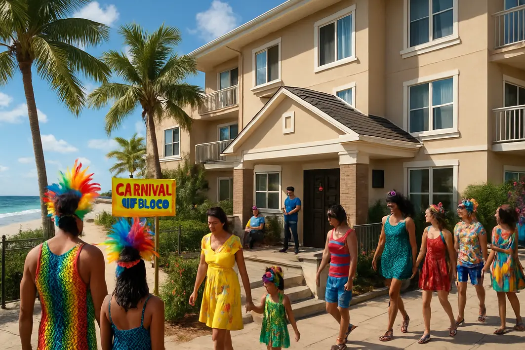 hotel praia carnaval conforto seguranca Hotel pé na areia com hóspedes diversos se preparando para o Carnaval sob céu ensolarado