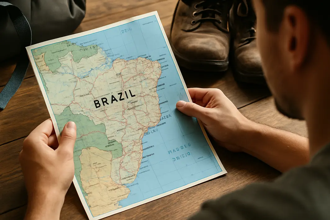 mapa destinos turismo brasil Mão de viajante segurando mapa detalhado de destinos turísticos do Brasil sobre mesa de madeira com mochila e botas de trilha ao fundo