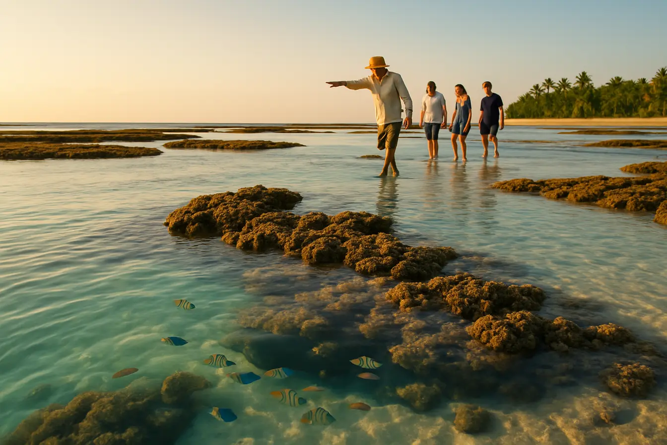 Piscinas naturais de Maragogi com corais expostos e turistas em maré baixa ao amanhecer