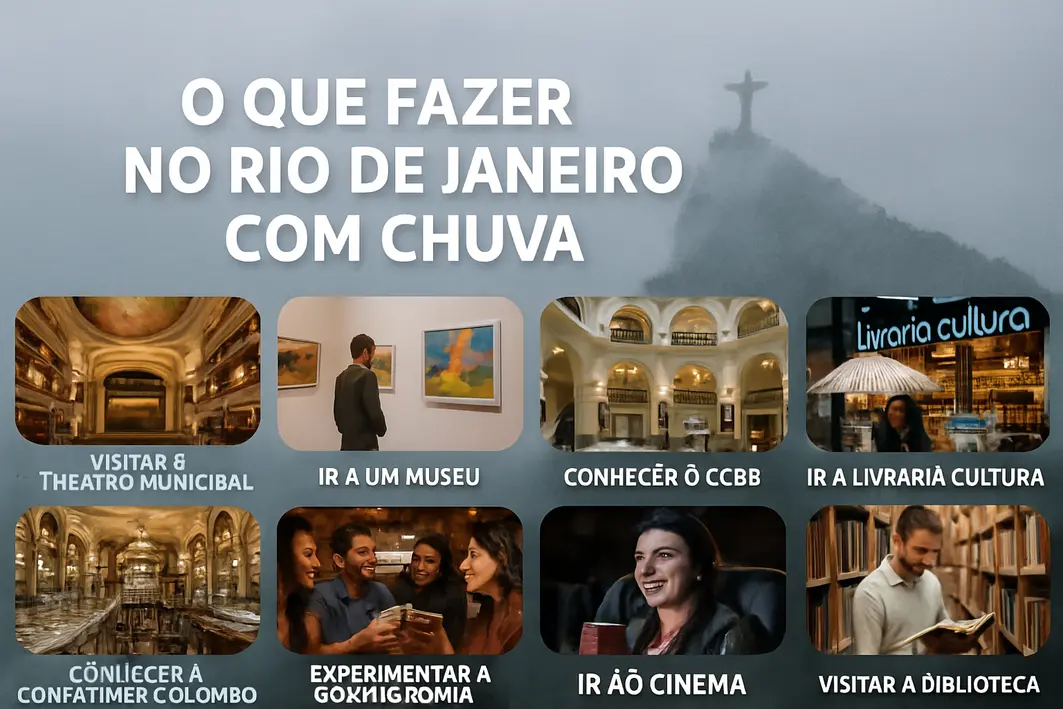 museu arte rio chuva visita indoors Interior moderno e espaçoso de museu com visitantes explorando exposições coloridas e janelas grandes mostrando chuva lá fora