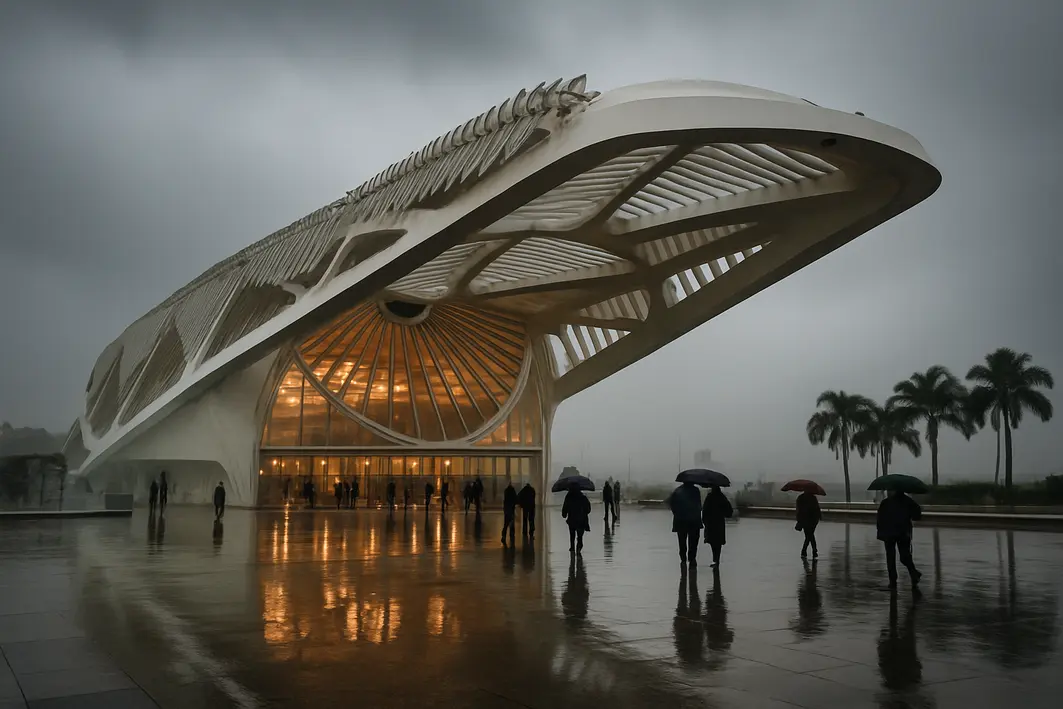 museu do amanha chuva rio de janeiro Museu do Amanhã no Rio de Janeiro com chuva, visitantes com guarda-chuvas e reflexos no chão molhado