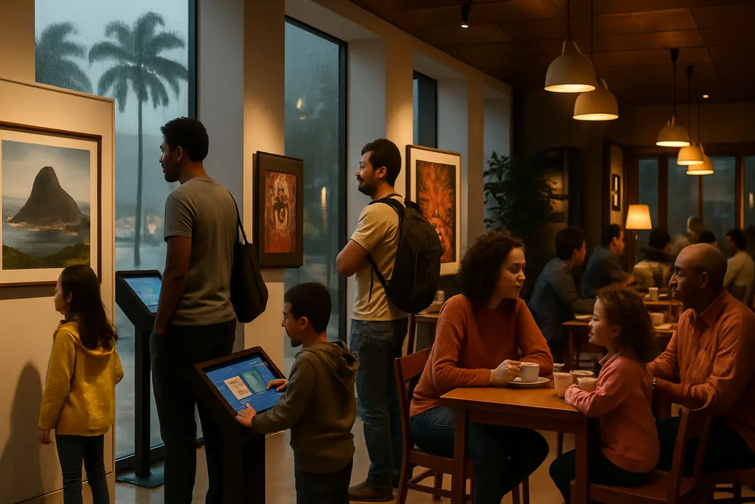 museu rio chuva visitantes cultura cafe Visitantes de diferentes idades apreciando exposições culturais e áreas de café em museu moderno no Rio de Janeiro em dia chuvoso
