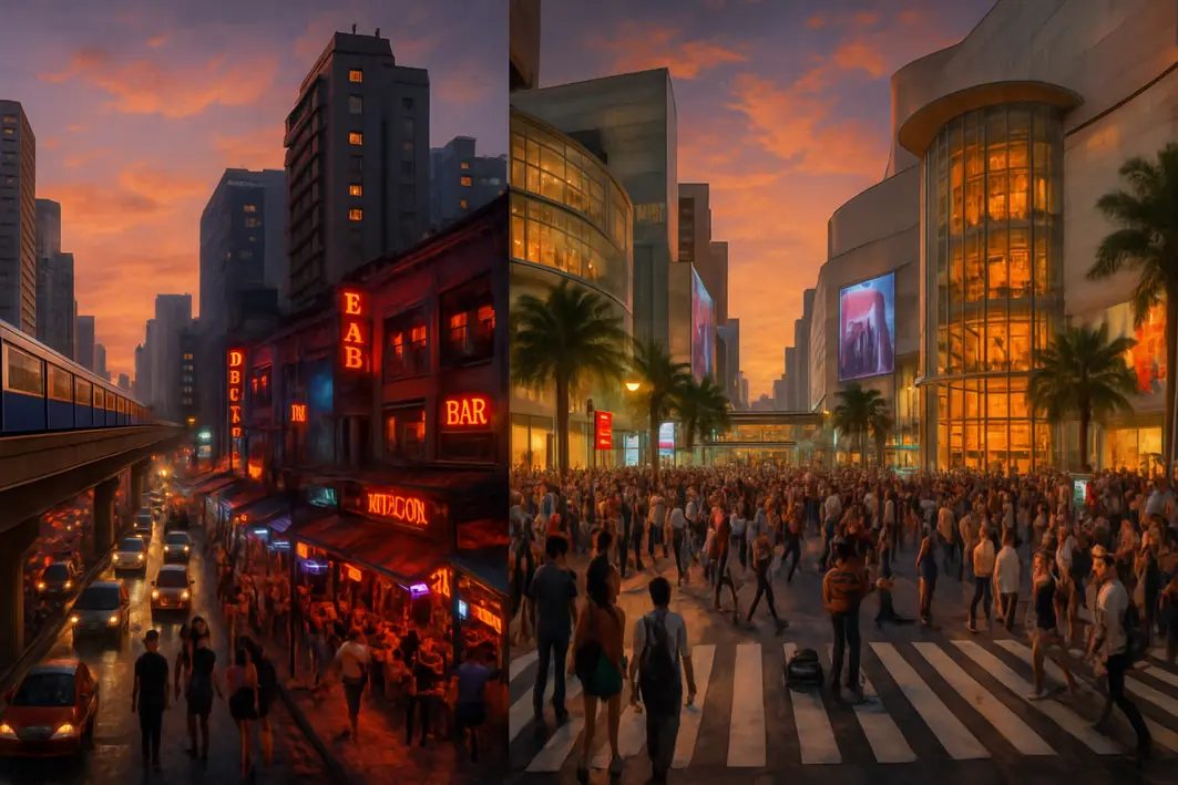 onde ficar em bangkok bairros perfil Cena vibrante da rua em Bangkok distrito Sukhumvit com hotéis altos modernos e pessoas usando o skytrain BTS ao entardecer ao lado do movimentado distrito Siam com shoppings e pedestres