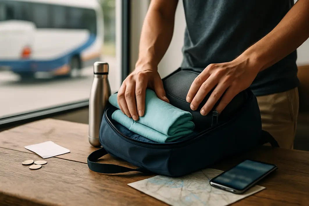 organizando mochila viagem carnaval Mãos organizando mochila compacta com roupas leves, garrafa reutilizável e nécessaire sobre mesa de madeira