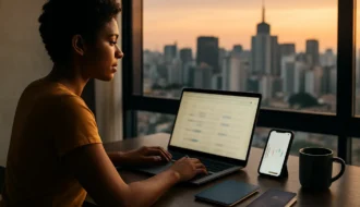 Viajante pesquisando passagens aéreas com vista do skyline de São Paulo ao entardecer