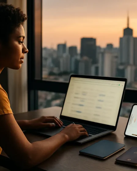 passagens carnaval 2026 sao paulo hero Viajante pesquisando passagens aéreas com vista do skyline de São Paulo ao entardecer
