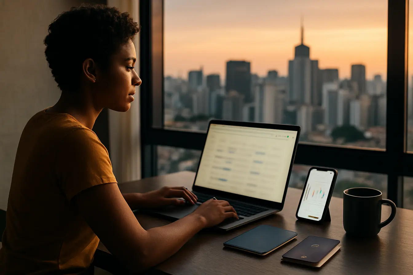 passagens carnaval 2026 sao paulo hero Viajante pesquisando passagens aéreas com vista do skyline de São Paulo ao entardecer