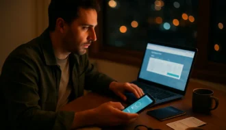 Adulto pesquisando passagens aereas em laptop com smartphone mostrando alerta de preco na mesa com passaporte e caneca