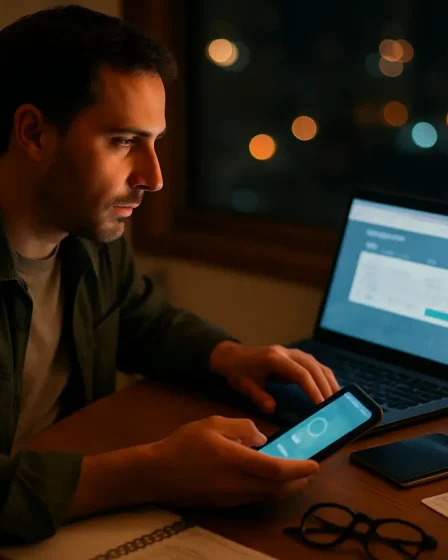 pesquisando passagens aereas a noite Adulto pesquisando passagens aereas em laptop com smartphone mostrando alerta de preco na mesa com passaporte e caneca