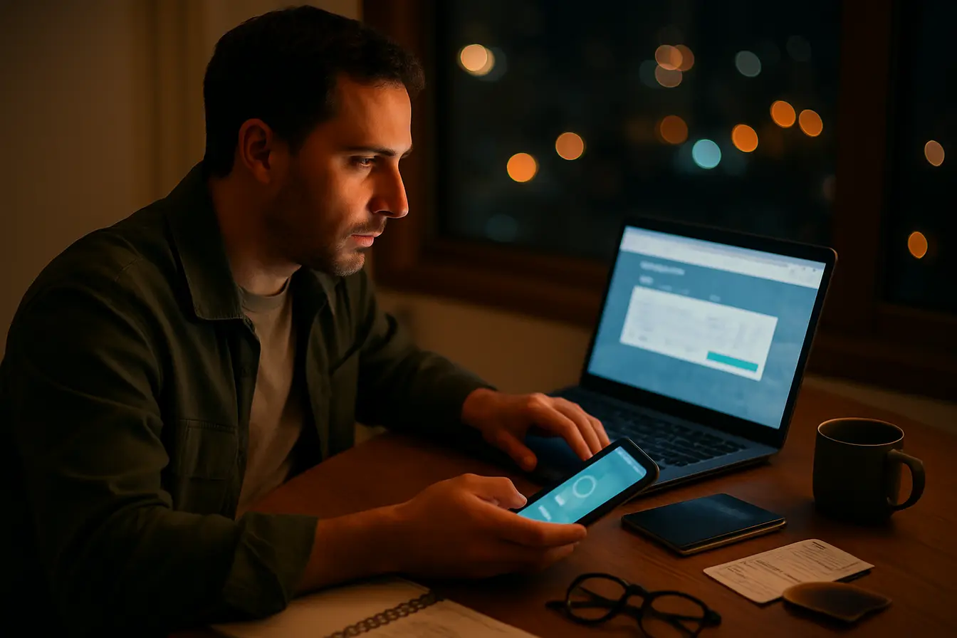 pesquisando passagens aereas a noite Adulto pesquisando passagens aereas em laptop com smartphone mostrando alerta de preco na mesa com passaporte e caneca