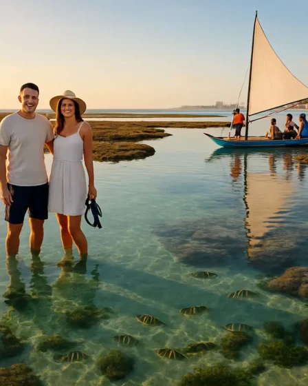 piscinas naturais porto de galinhas mare baixa Piscinas naturais de Porto de Galinhas na maré baixa ao amanhecer com águas cristalinas, jangadas, peixes visíveis e turistas em área rasa