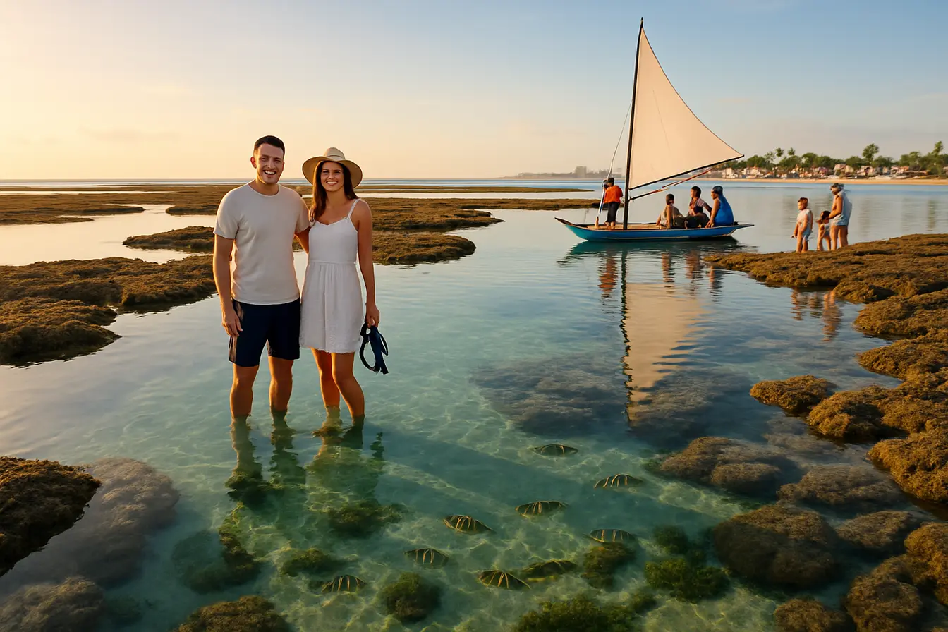 piscinas naturais porto de galinhas mare Piscinas naturais de Porto de Galinhas na maré baixa ao amanhecer com águas cristalinas, jangadas, peixes visíveis e turistas em área rasa