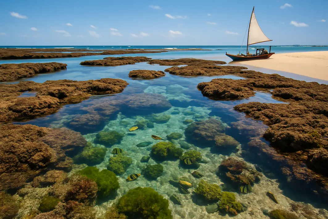 piscinas naturais porto de galinhas Piscinas naturais com águas rasas e claras, recifes de corais, peixes coloridos e jangada de madeira na praia de Porto de Galinhas