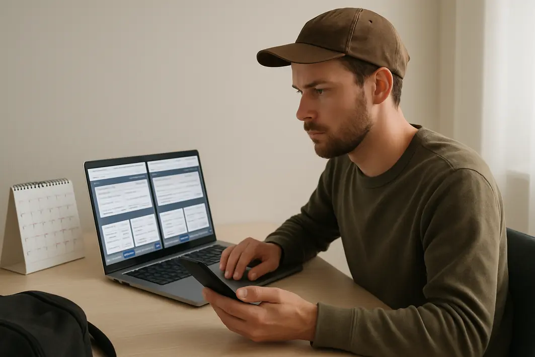 planejamento passagens aereas feriados Viajante concentrado usando laptop e smartphone em escritório moderno com várias abas abertas de buscas de voos e calendário com feriados marcados