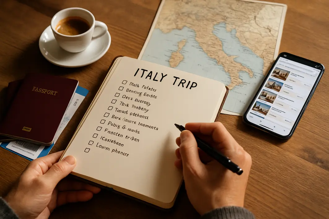 planejamento roteiro viagens italia Mãos de viajante organizando caderno aberto com checklist detalhado de viagem à Itália, rodeado por documentos, passaportes, mapas e smartphone em mesa de madeira