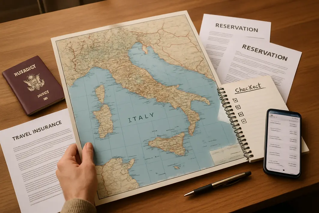 planejamento viagem italia mapa documentos Mãos segurando mapa detalhado da Itália sobre mesa de madeira com passaporte, seguro viagem, comprovantes, caderno de lista e smartphone