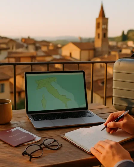 planejamento viagem italia varanda roteiro Mesa de planejamento com laptop, passaporte, caderno e vista dos telhados italianos ao entardecer