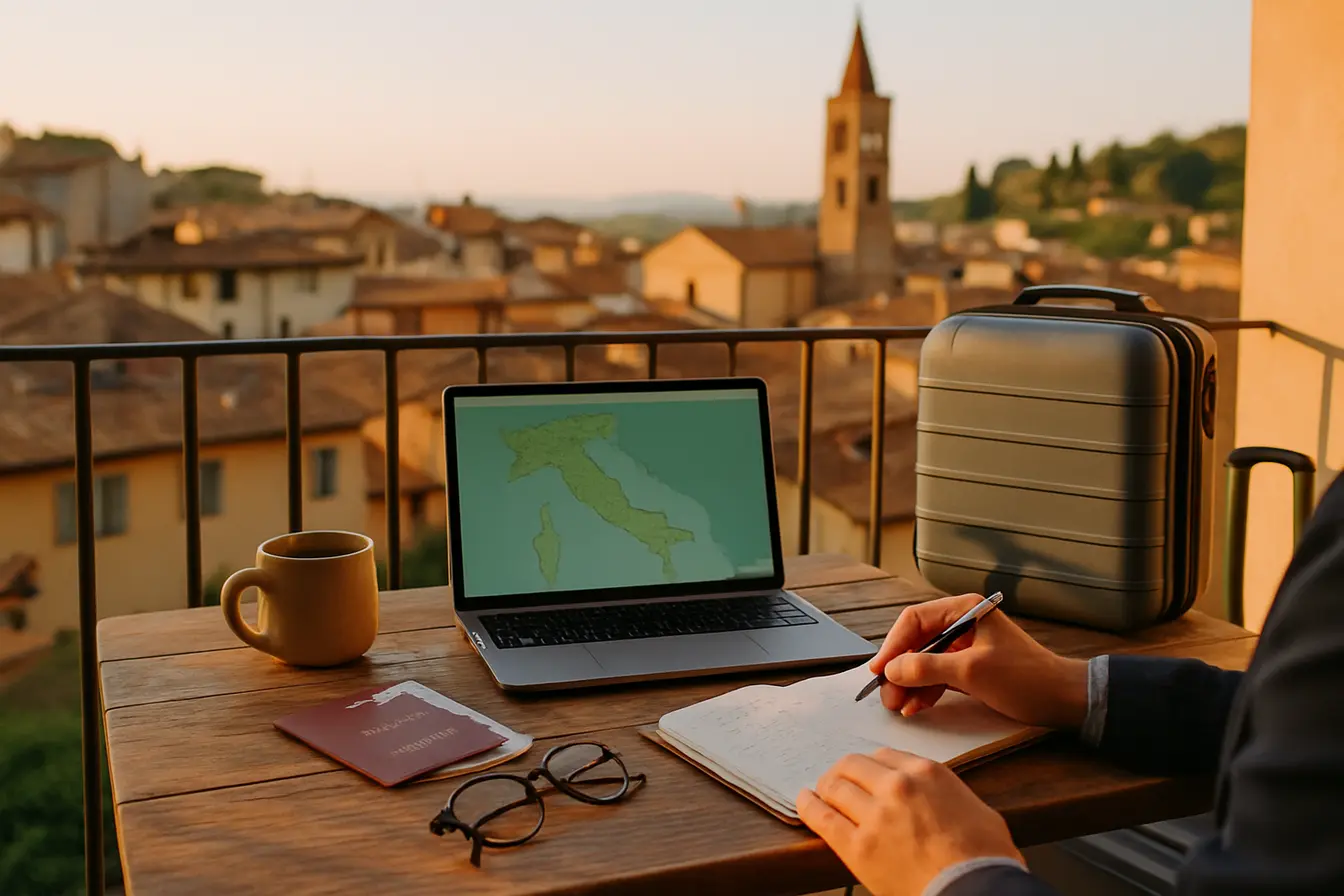 planejamento viagem italia varanda roteiro Mesa de planejamento com laptop, passaporte, caderno e vista dos telhados italianos ao entardecer