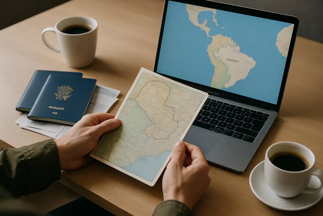 planejamento viagem paraguai documentos Viajante organizando viagem para o Paraguai com passaportes, documentos, laptop com mapas e café