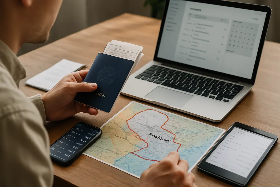 planejamento viagem paraguai tabela moeda Viajante preparando viagem ao Paraguai com passaporte, documentos, smartphone mostrando cambio e mapa com cidades paraguaias