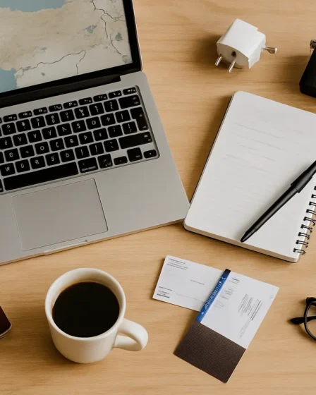 planejamento viagem turquia mesa Mesa de planejamento de viagem para Turquia com laptop, passaporte e mapa sobre madeira clara