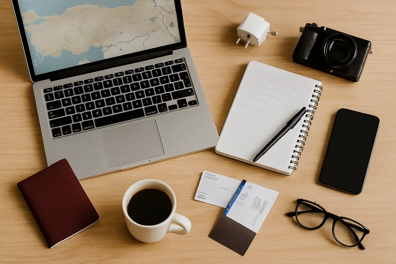 planejamento viagem turquia mesa Mesa de planejamento de viagem para Turquia com laptop, passaporte e mapa sobre madeira clara