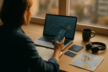 Viajante concentrado planejando passagens aéreas para feriados 2026 com laptop smartphone caderno e passaporte
