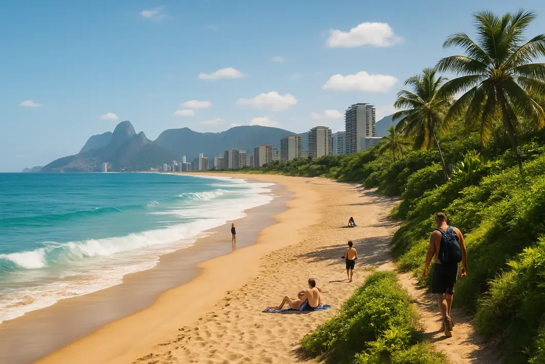 praia brasileira cidade grande fim semana Praia brasileira com areia dourada, mar azul claro e vegetação tropical ao redor, visitantes aproveitando o sol sob céu azul