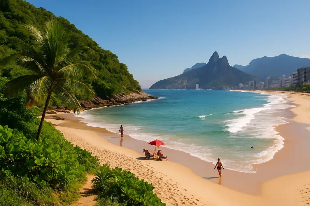 praia brasileira proxima capital natureza lazer Praia brasileira próxima a uma grande cidade com areia, vegetação abundante, céu azul e pessoas usufruindo atividades de lazer